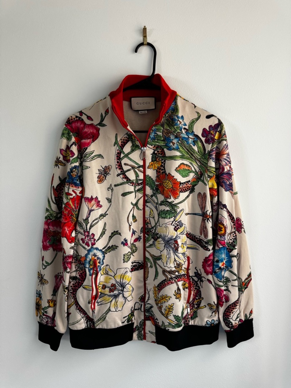 Gucci Floral Bomber Jacket in Cream with Red and Black Trim